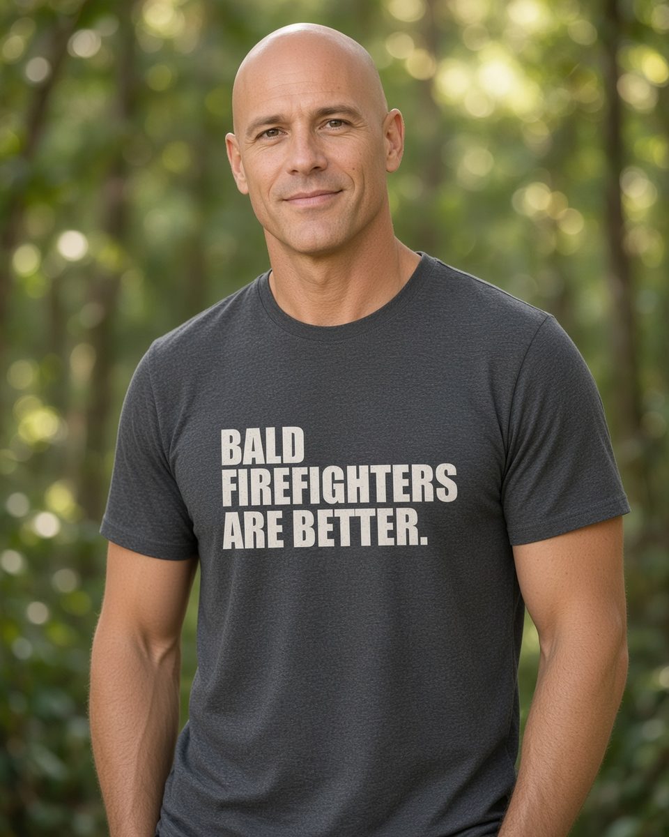 Bald Firefighters Are Better T-Shirt — Dark Heather front lifestyle photo