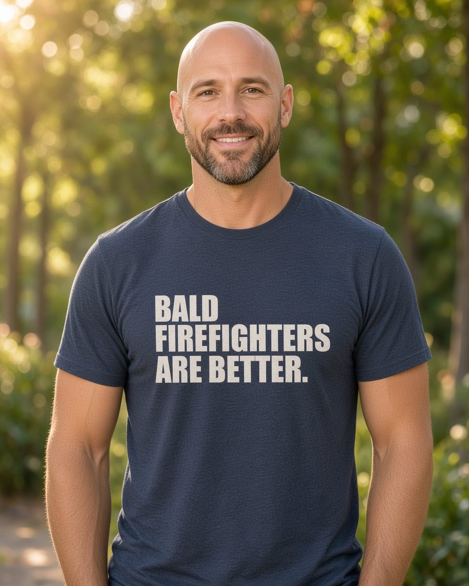 Bald Firefighters Are Better T-Shirt — Heather Navy front lifestyle photo