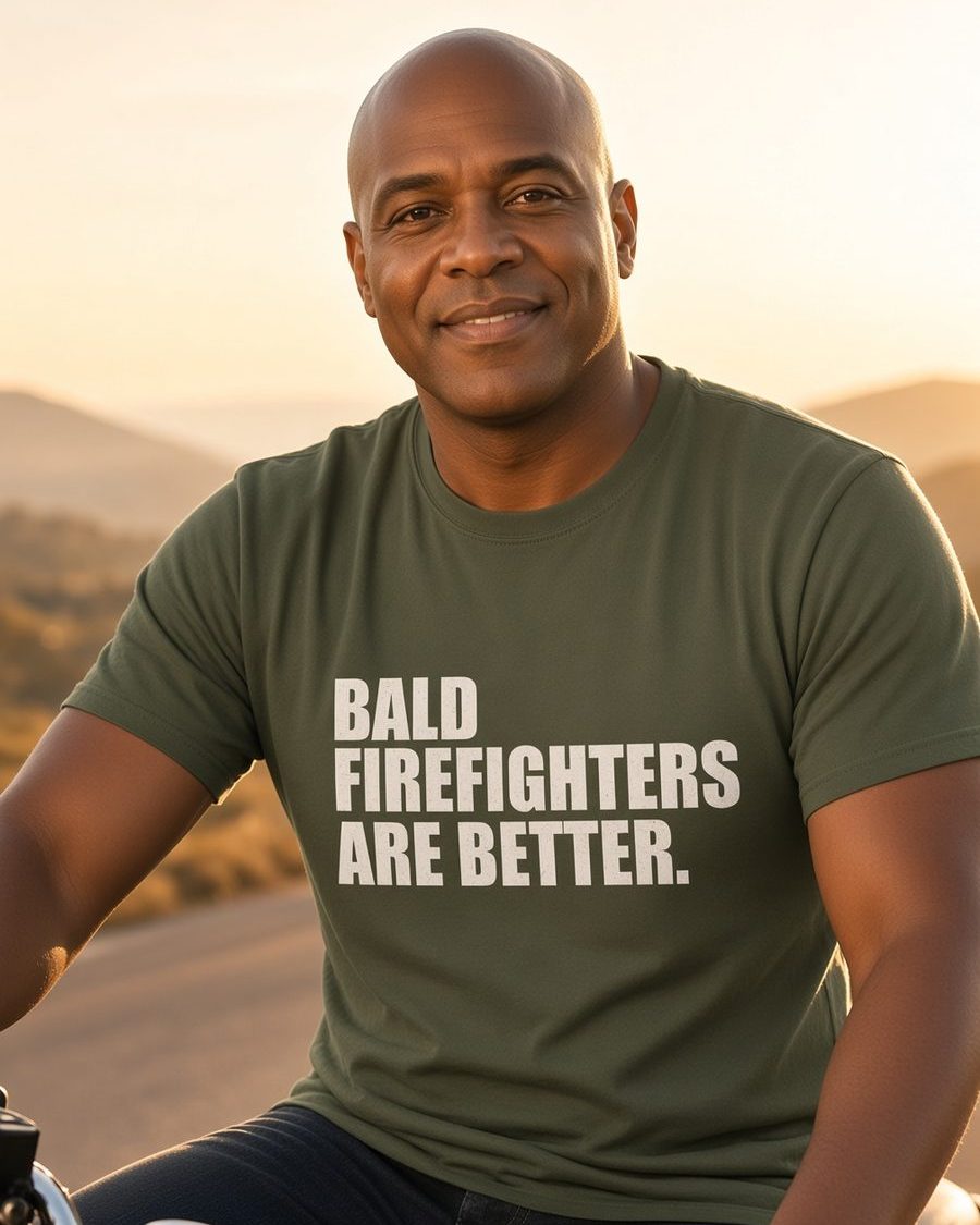 Bald Firefighters Are Better T-Shirt — Military Green front lifestyle photo