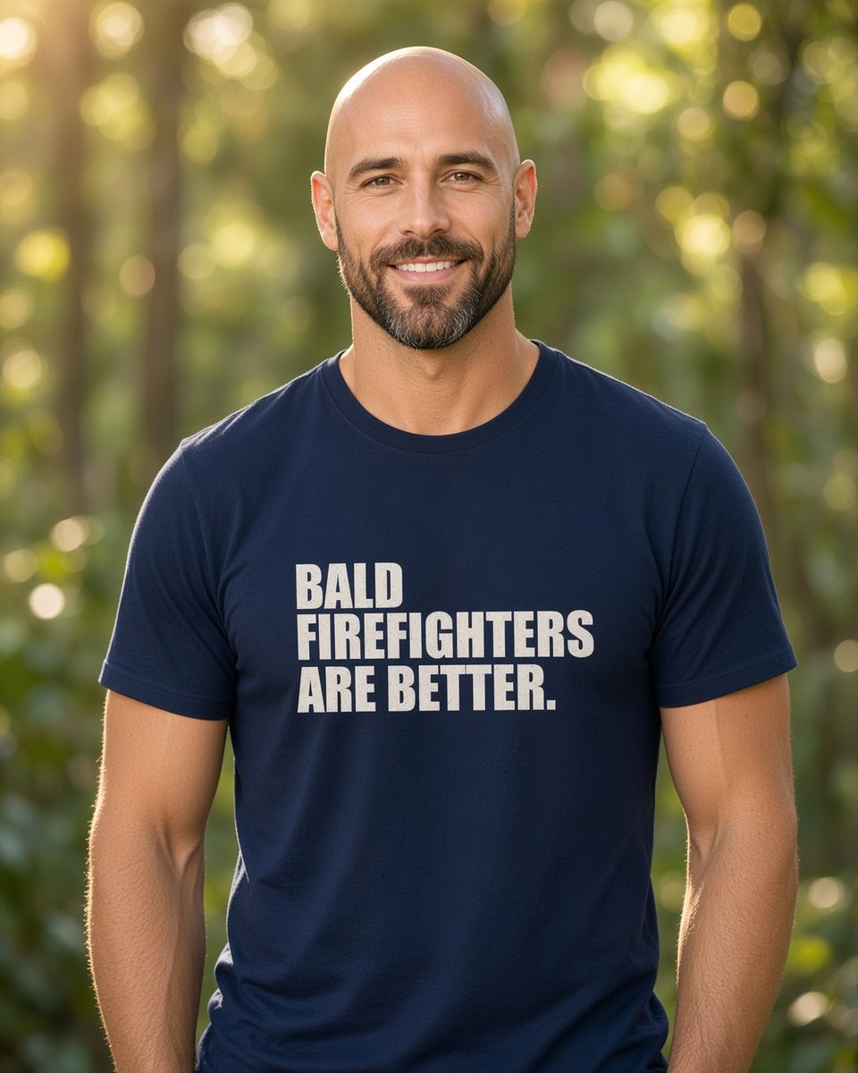 Bald Firefighters Are Better T-Shirt — Navy front lifestyle photo