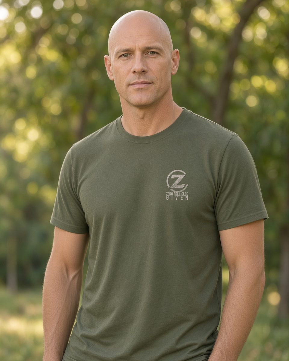 Zero Follicles Given Horizon Seal Tee — Military Green front lifestyle photo