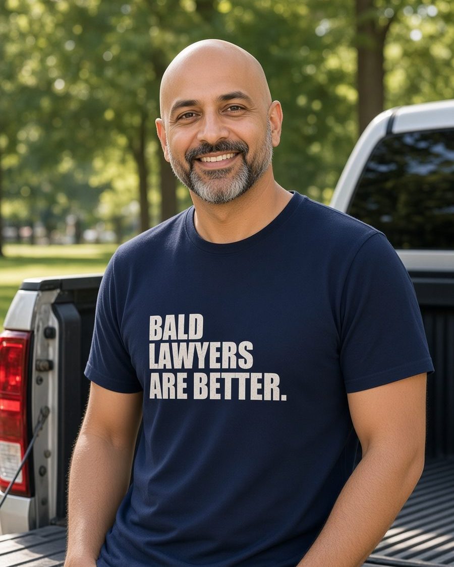 Bald Lawyers Are Better T-Shirt — Navy front lifestyle photo