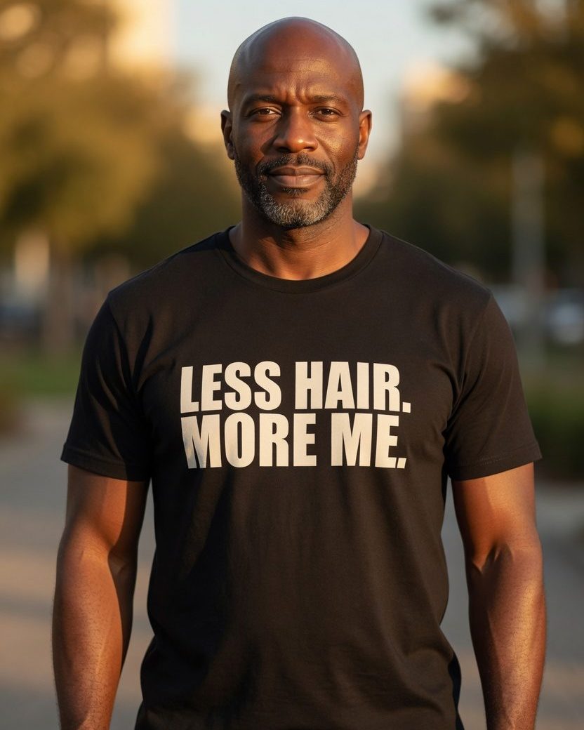 Less Hair More Me Bald T-Shirt — Black front lifestyle photo