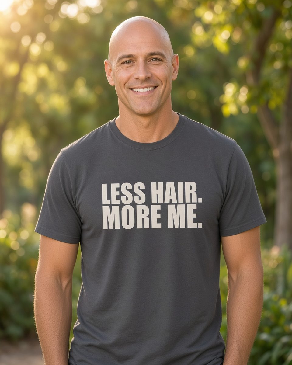 Less Hair More Me Bald T-Shirt — Charcoal front lifestyle photo