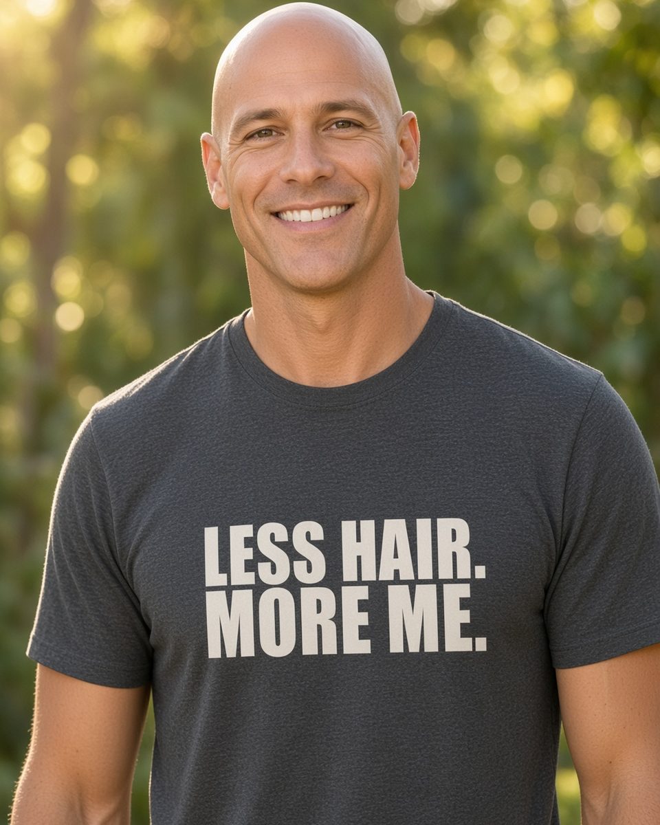 Less Hair More Me Bald T-Shirt — Dark Heather front lifestyle photo