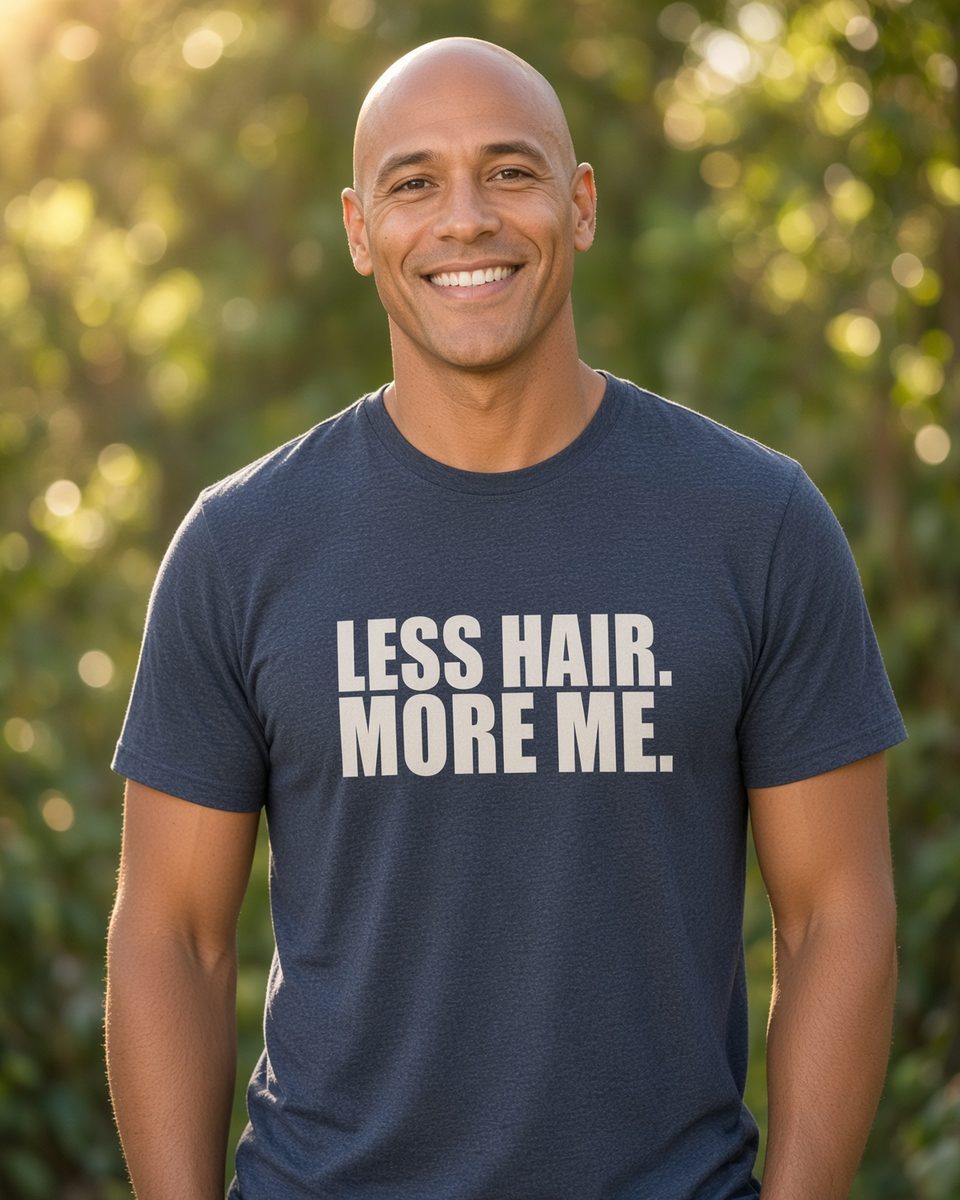 Less Hair More Me Bald T-Shirt — Heather Navy front lifestyle photo