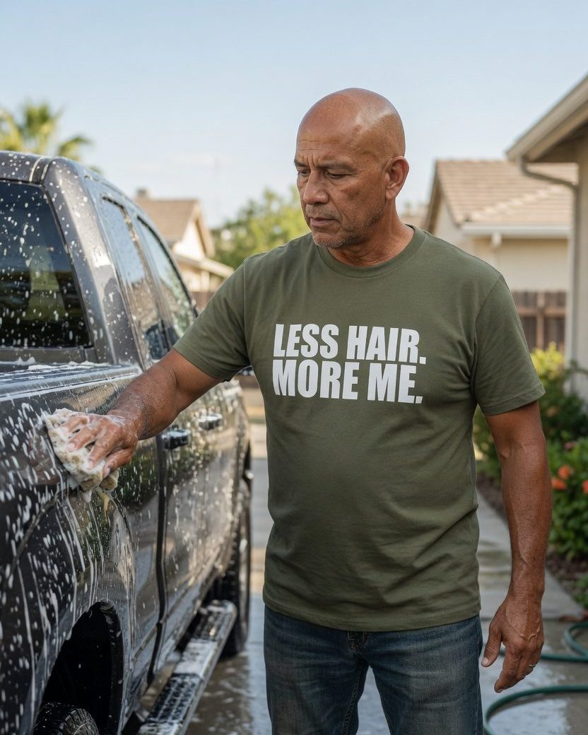 Less Hair More Me Bald T-Shirt — Military Green front lifestyle photo