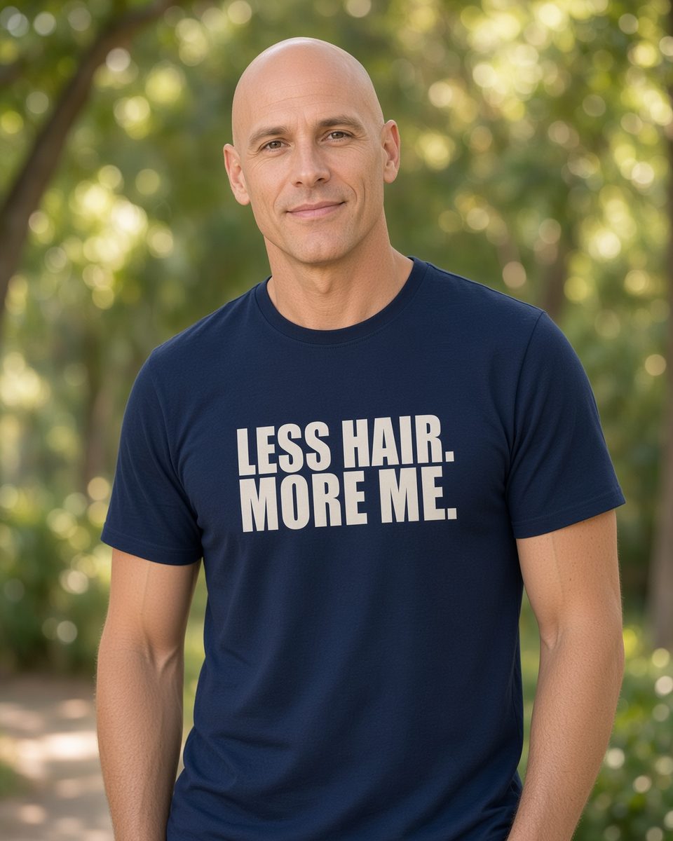 Less Hair More Me Bald T-Shirt — Navy front lifestyle photo