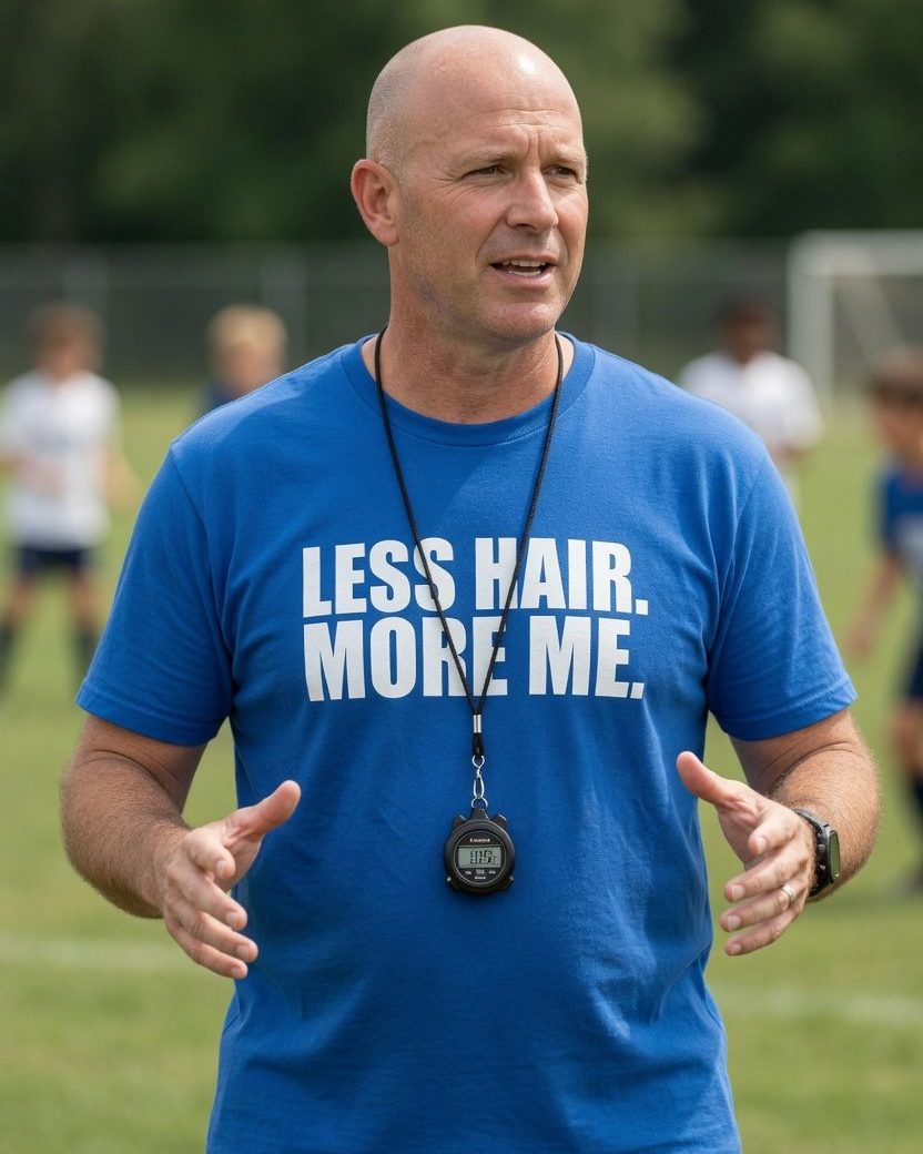 Less Hair More Me Bald T-Shirt — Royal front lifestyle photo