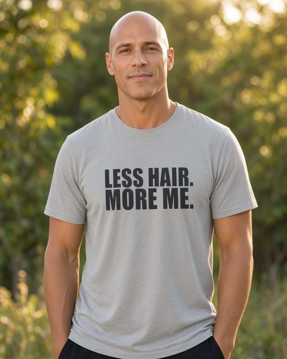 Less Hair More Me Bald T-Shirt — Sport Grey front lifestyle photo