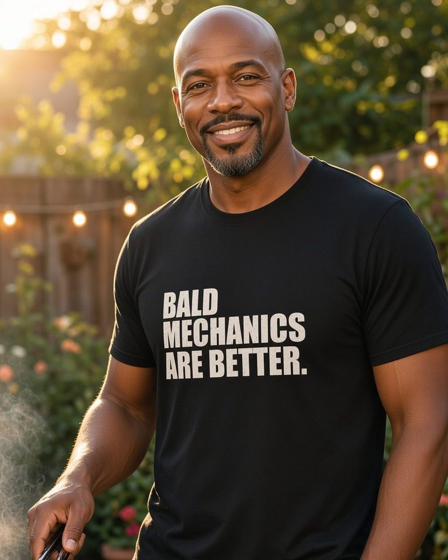 Bald Mechanics Are Better T-Shirt — Black front lifestyle photo