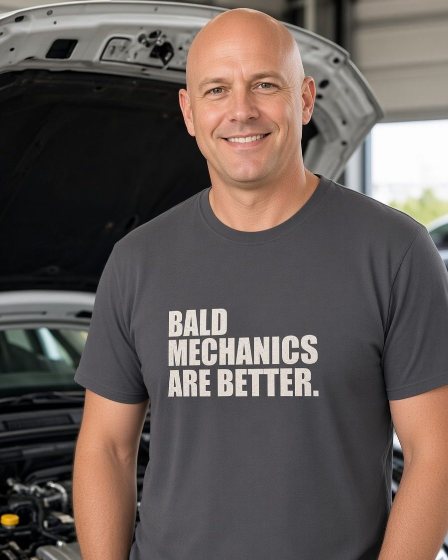 Bald Mechanics Are Better T-Shirt — Charcoal front lifestyle photo
