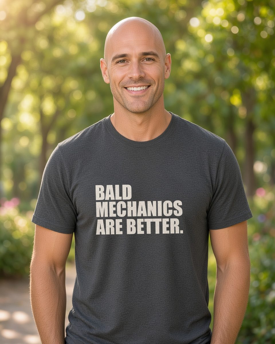 Bald Mechanics Are Better T-Shirt — Dark Heather front lifestyle photo