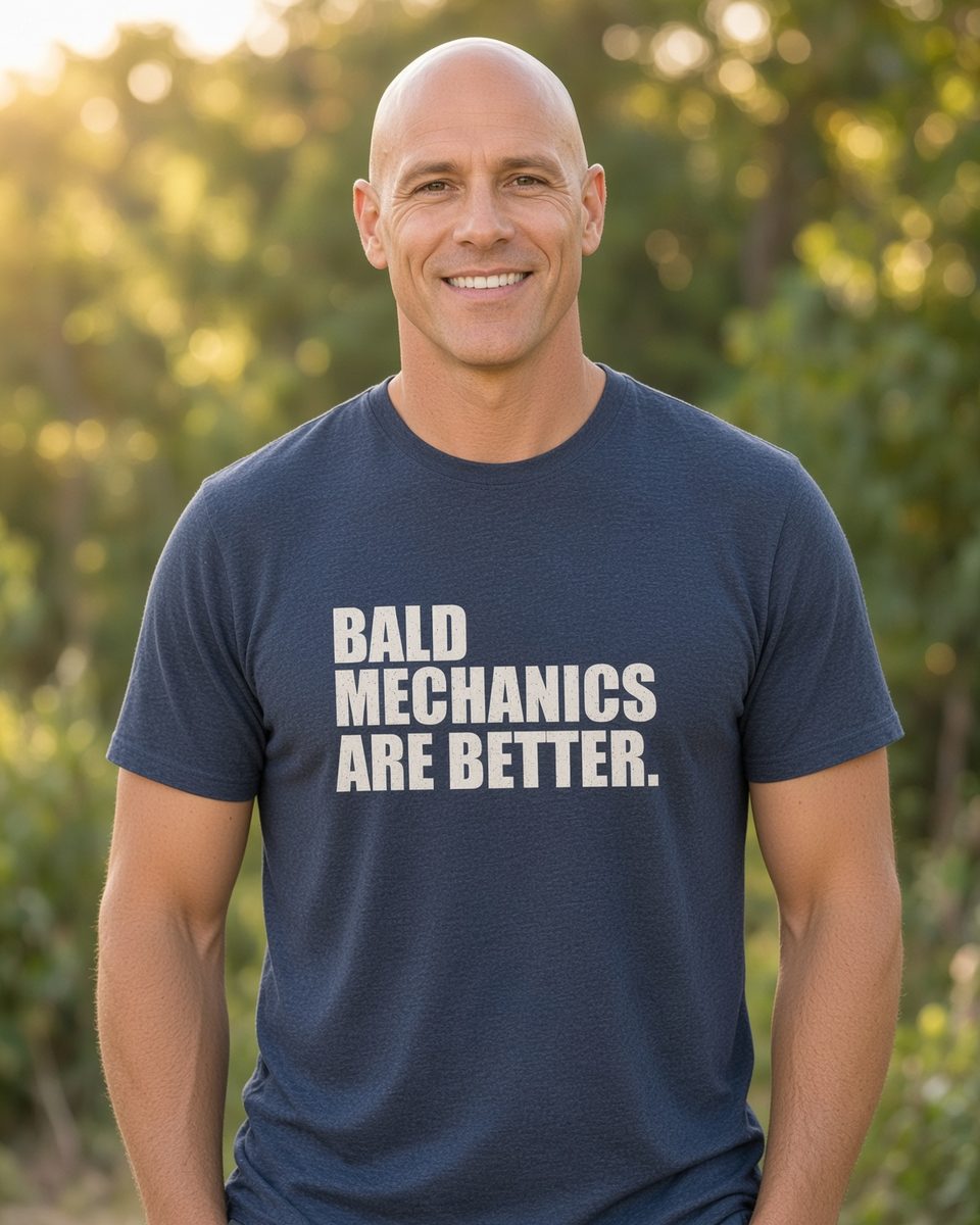Bald Mechanics Are Better T-Shirt — Heather Navy front lifestyle photo