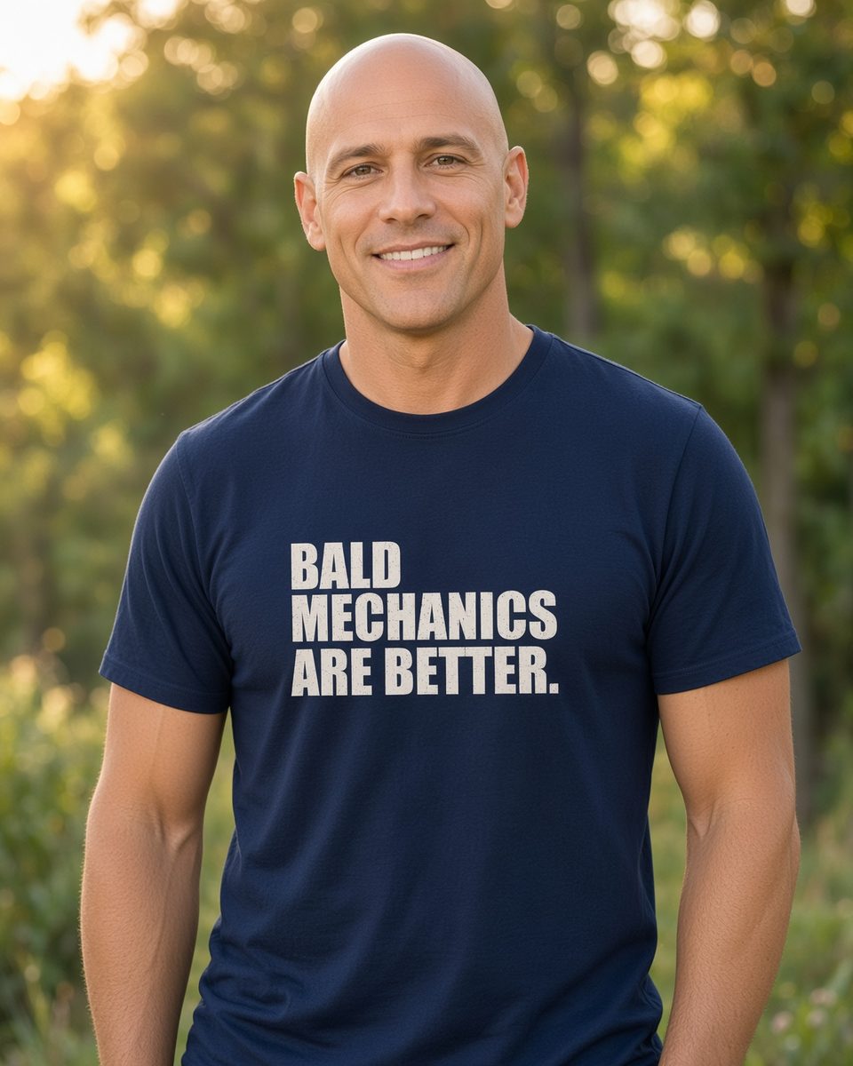 Bald Mechanics Are Better T-Shirt — Navy front lifestyle photo