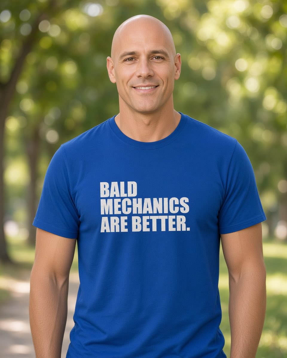 Bald Mechanics Are Better T-Shirt — Royal front lifestyle photo
