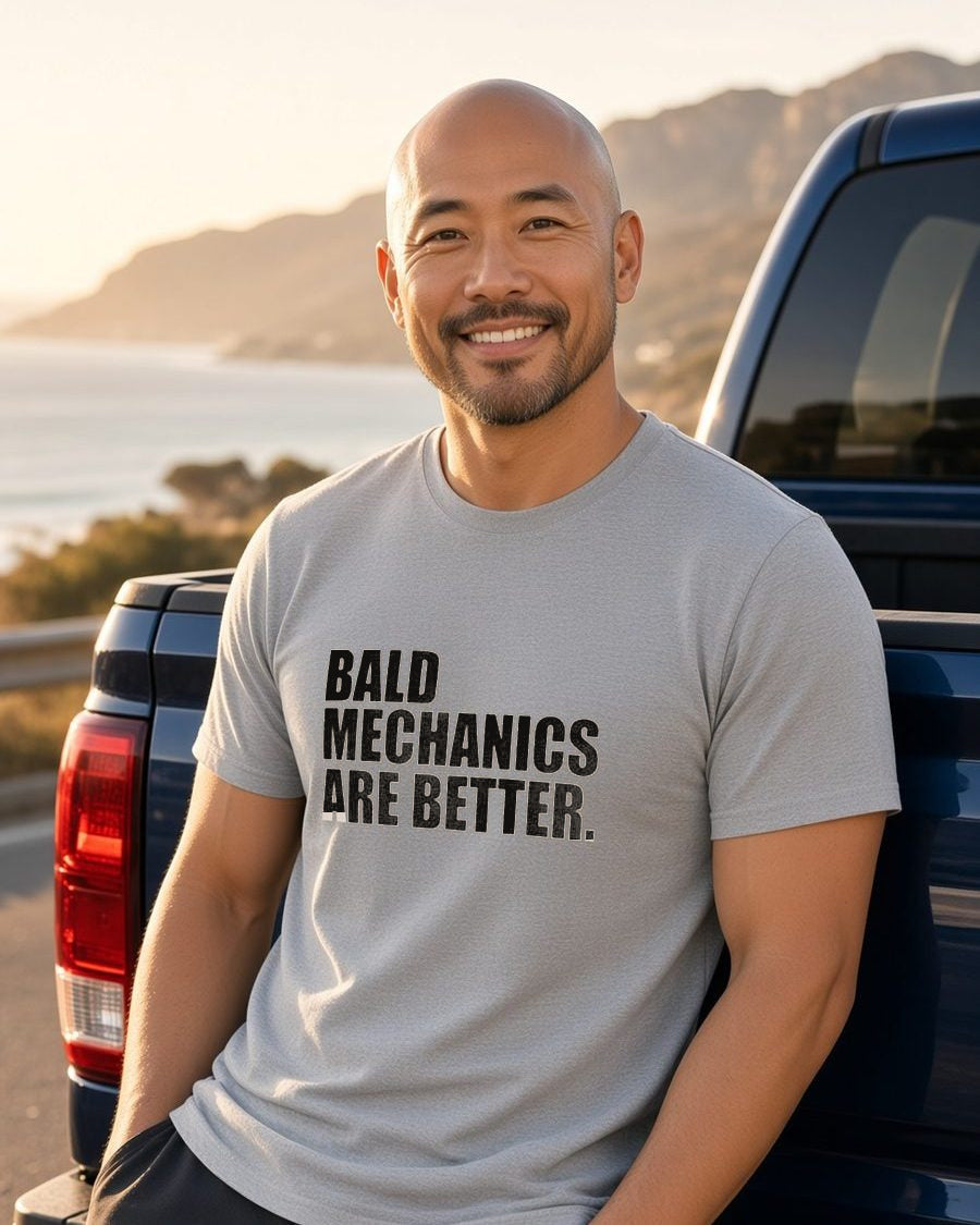 Bald Mechanics Are Better T-Shirt — Sport Grey front lifestyle photo