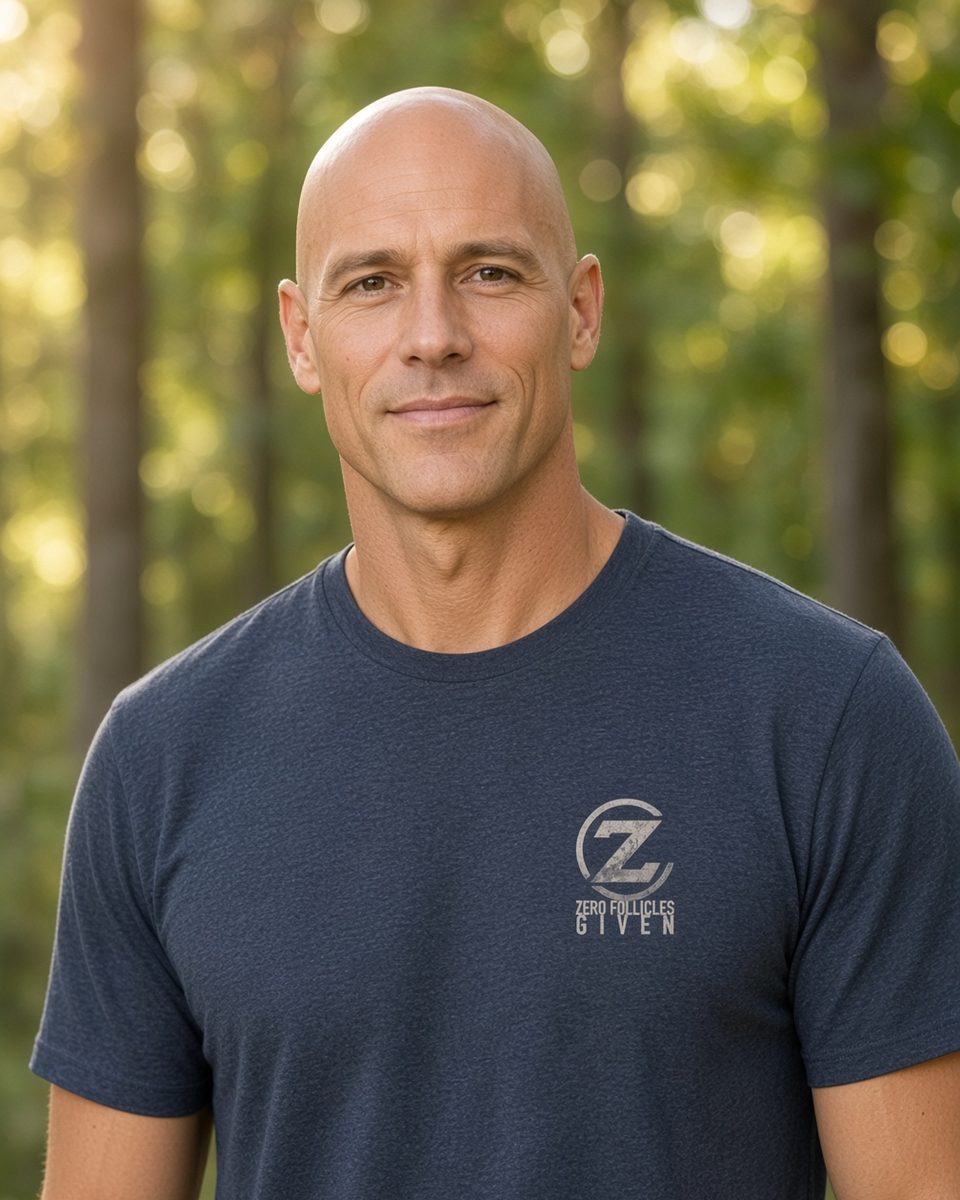 Zero Follicles Given Ridgeback Tee — Heather Navy front lifestyle photo
