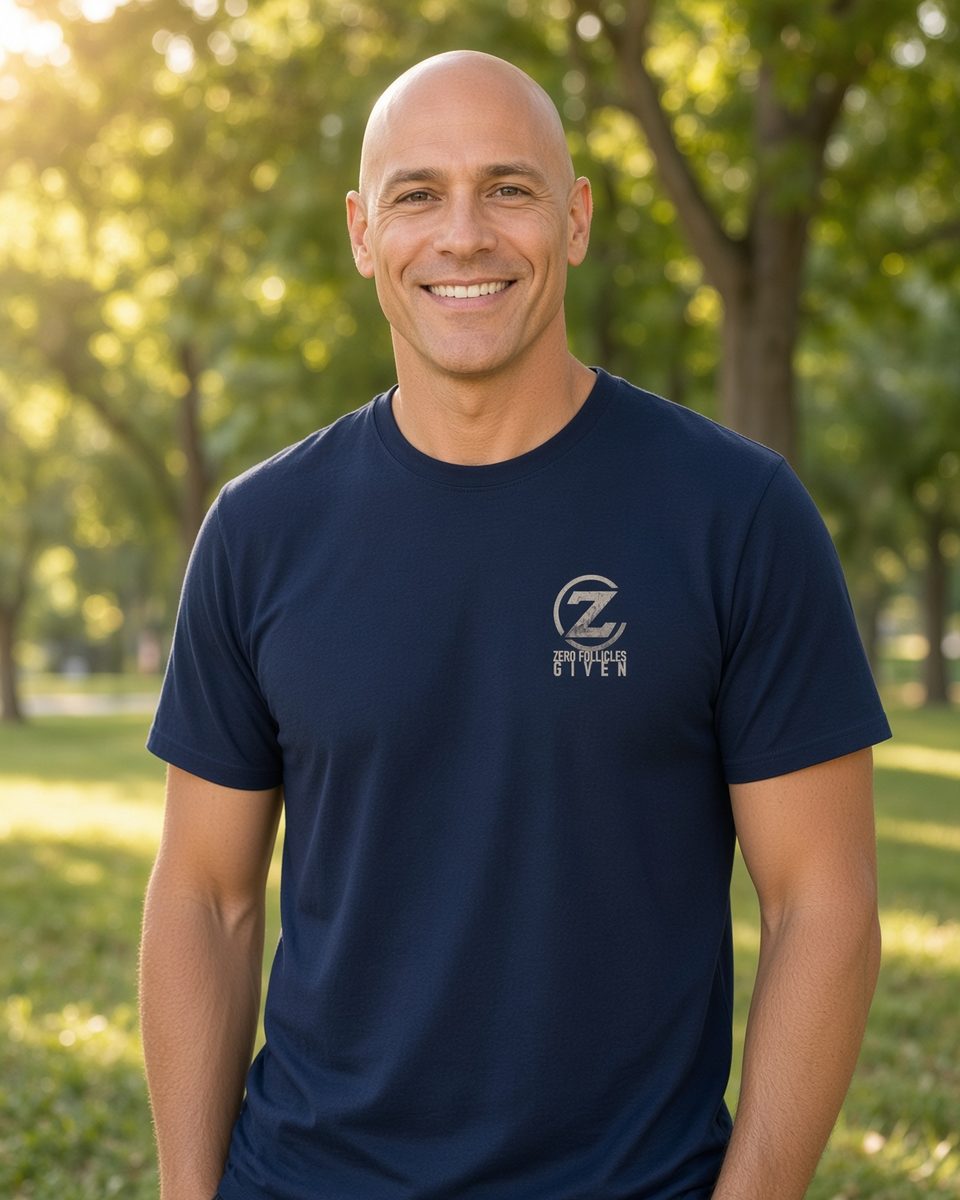 Zero Follicles Given Ridgeback Tee — Navy front lifestyle photo