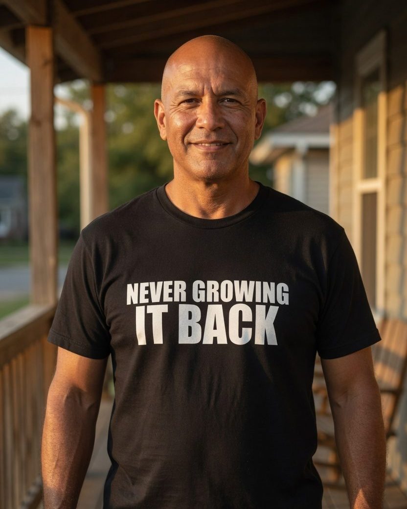 Never Growing It Back Bald T-Shirt — Black front lifestyle photo