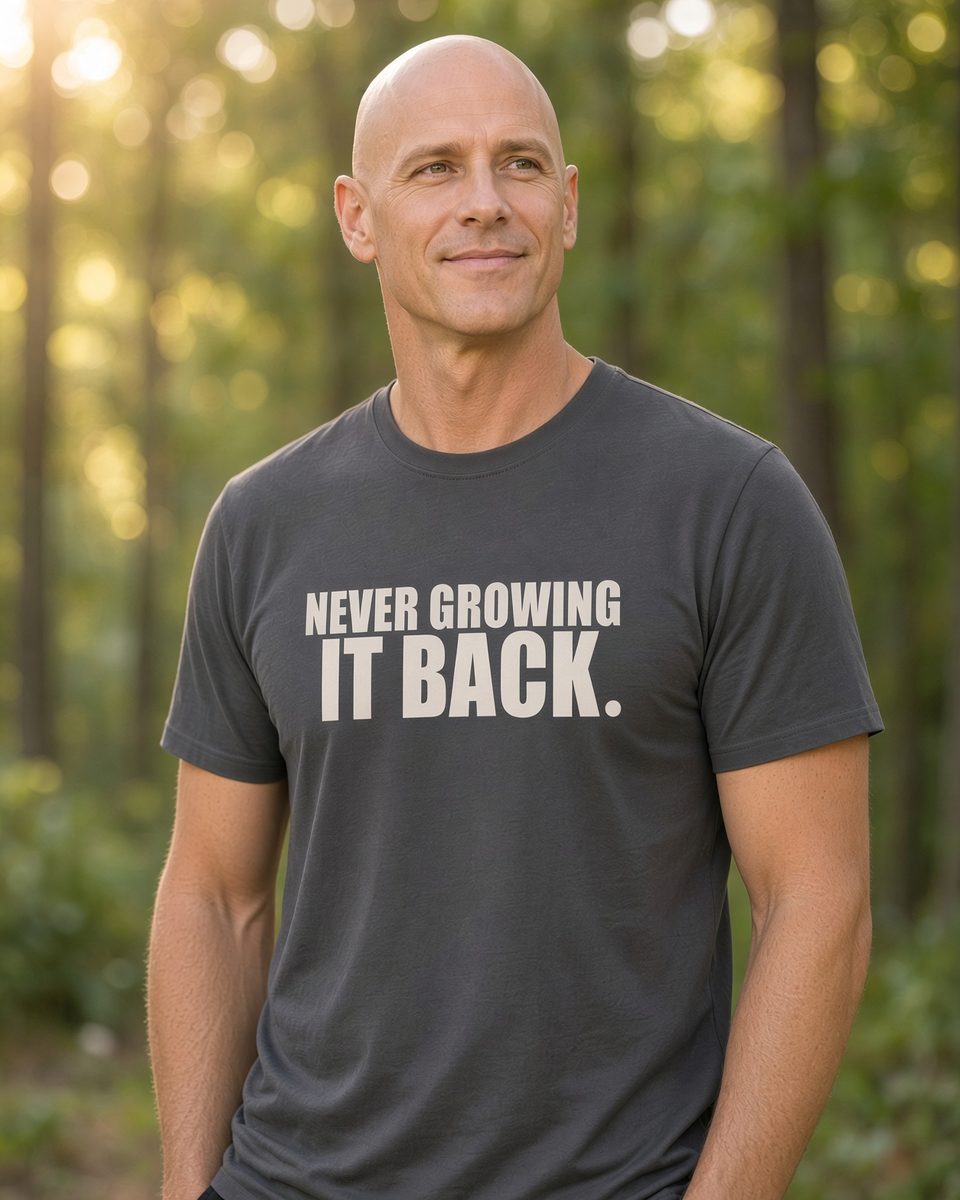 Never Growing It Back Bald T-Shirt — Charcoal front lifestyle photo