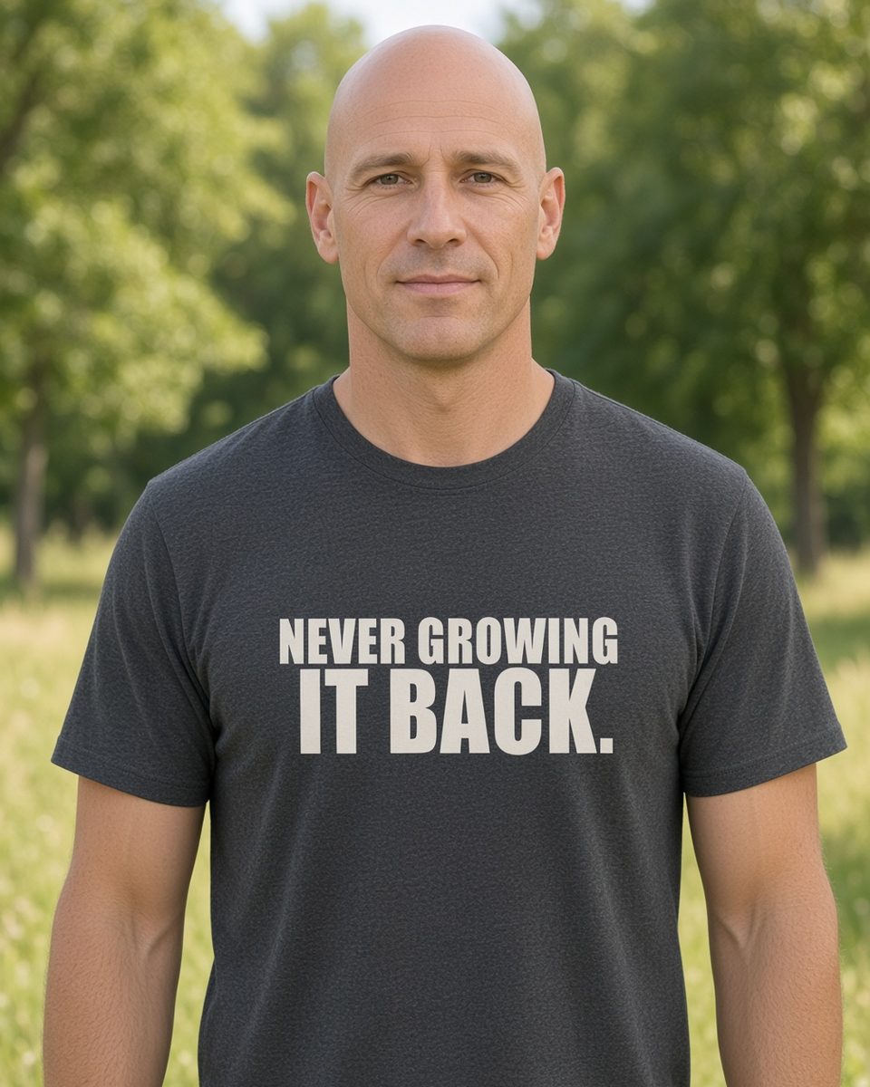 Never Growing It Back Bald T-Shirt — Dark Heather front lifestyle photo