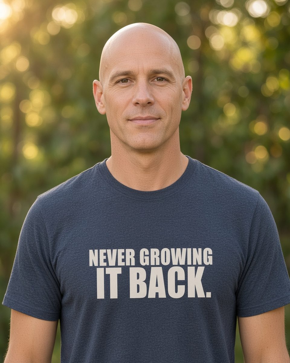 Never Growing It Back Bald T-Shirt — Heather Navy front lifestyle photo