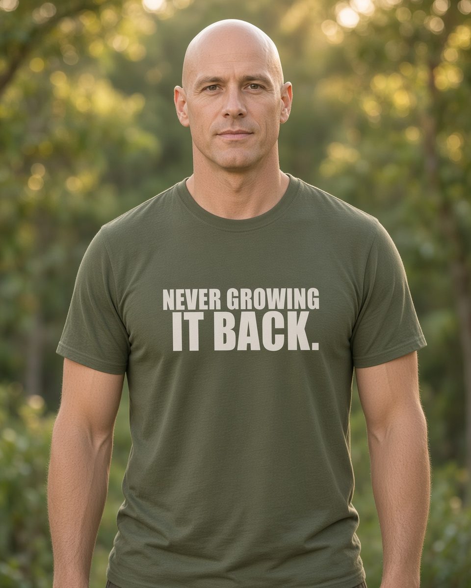 Never Growing It Back Bald T-Shirt — Military Green front lifestyle photo
