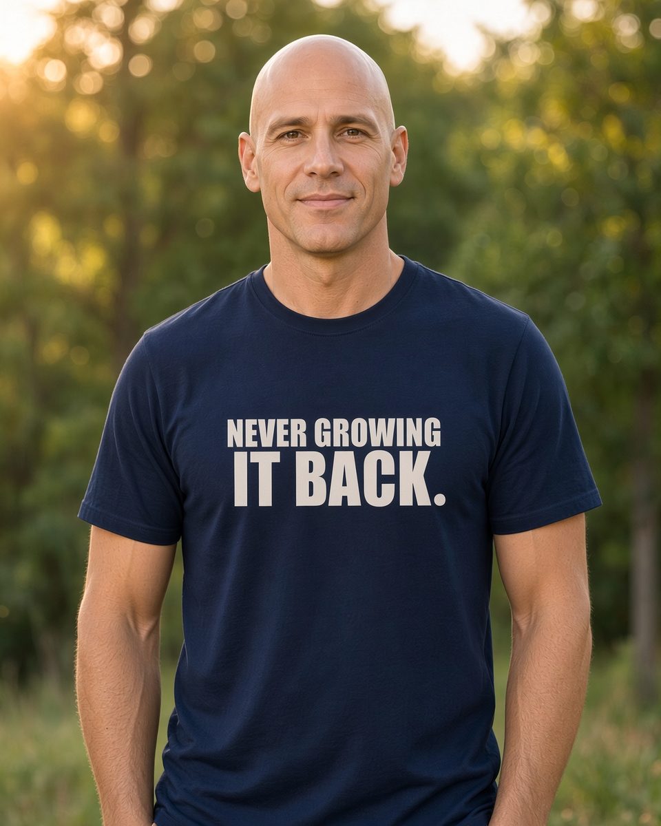 Never Growing It Back Bald T-Shirt — Navy front lifestyle photo
