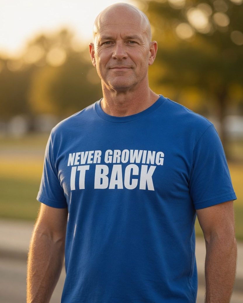 Never Growing It Back Bald T-Shirt — Royal front lifestyle photo