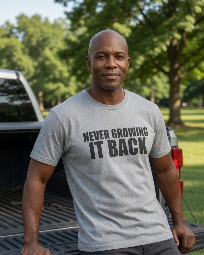 Never Growing It Back Bald T-Shirt — Sport Grey front lifestyle photo