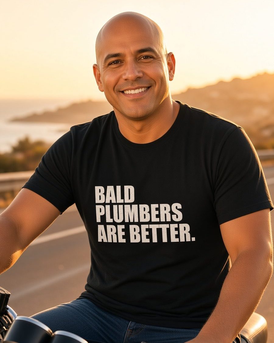 Bald Plumbers Are Better T-Shirt — Black front lifestyle photo