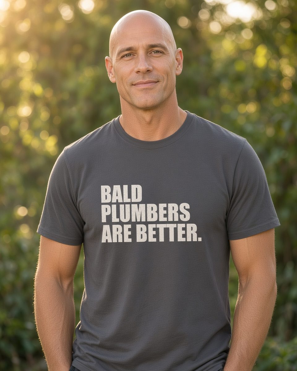 Bald Plumbers Are Better T-Shirt — Charcoal front lifestyle photo