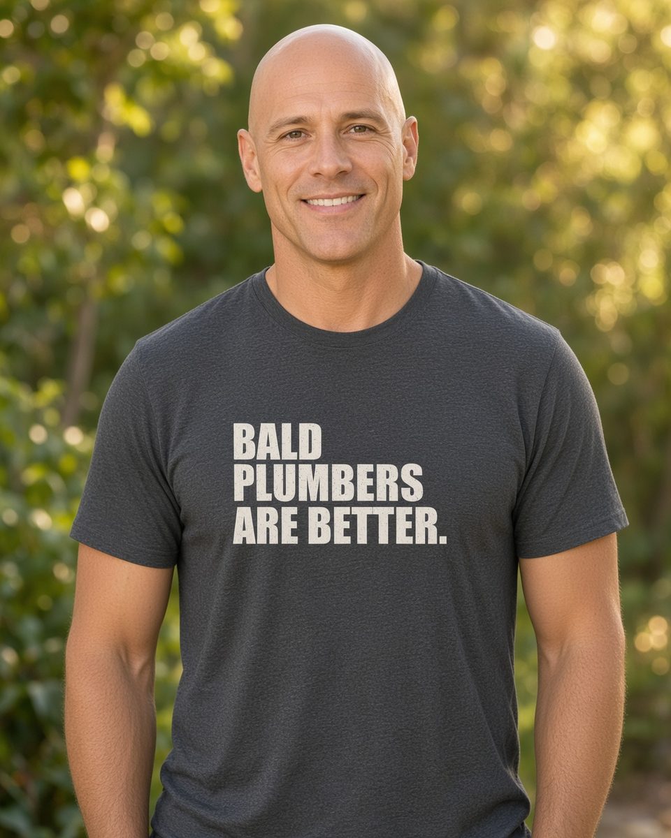 Bald Plumbers Are Better T-Shirt — Dark Heather front lifestyle photo