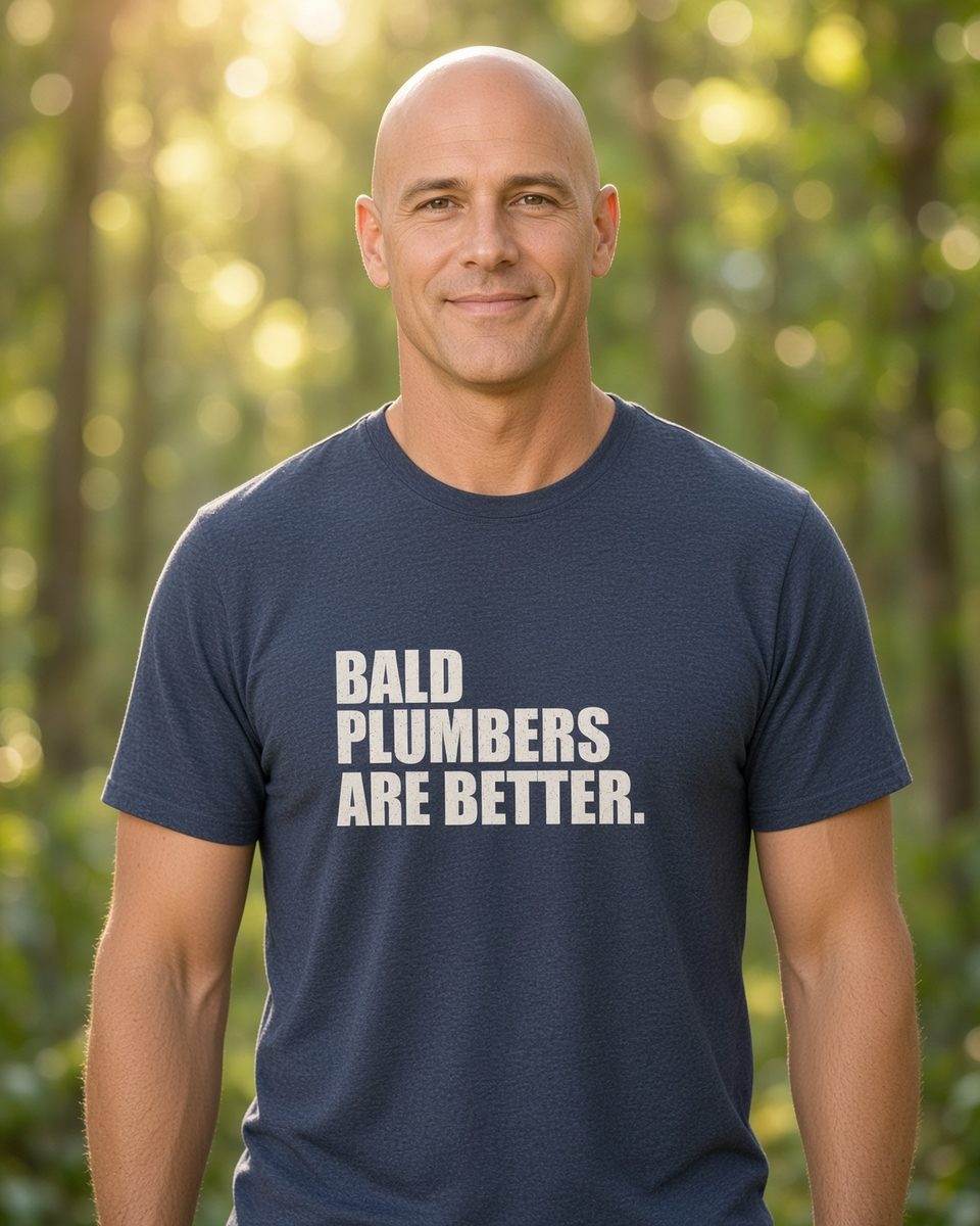 Bald Plumbers Are Better T-Shirt — Heather Navy front lifestyle photo