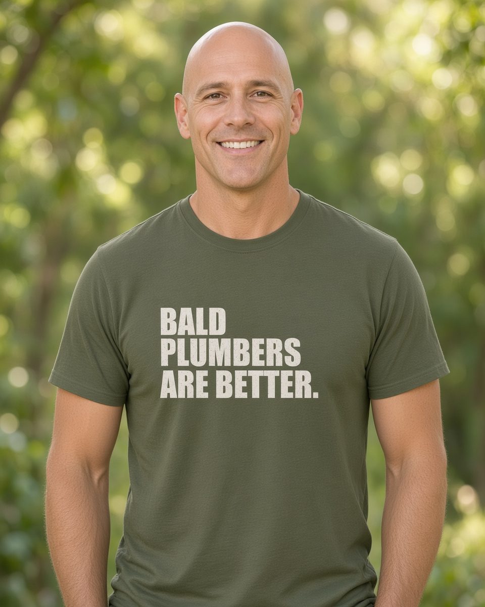 Bald Plumbers Are Better T-Shirt — Military Green front lifestyle photo