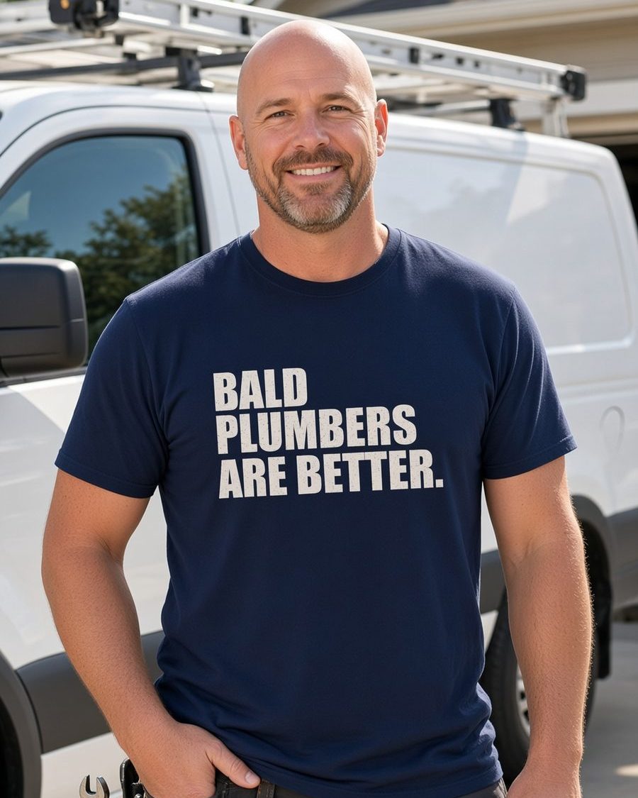 Bald Plumbers Are Better T-Shirt — Navy front lifestyle photo