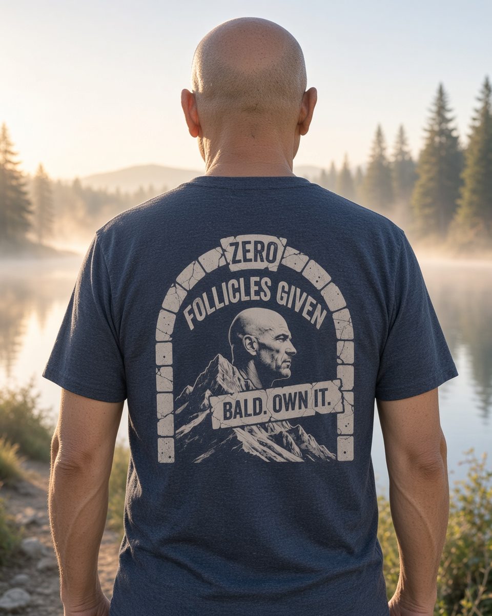 Zero Follicles Given Profile Emblem Tee — Heather Navy back lifestyle photo