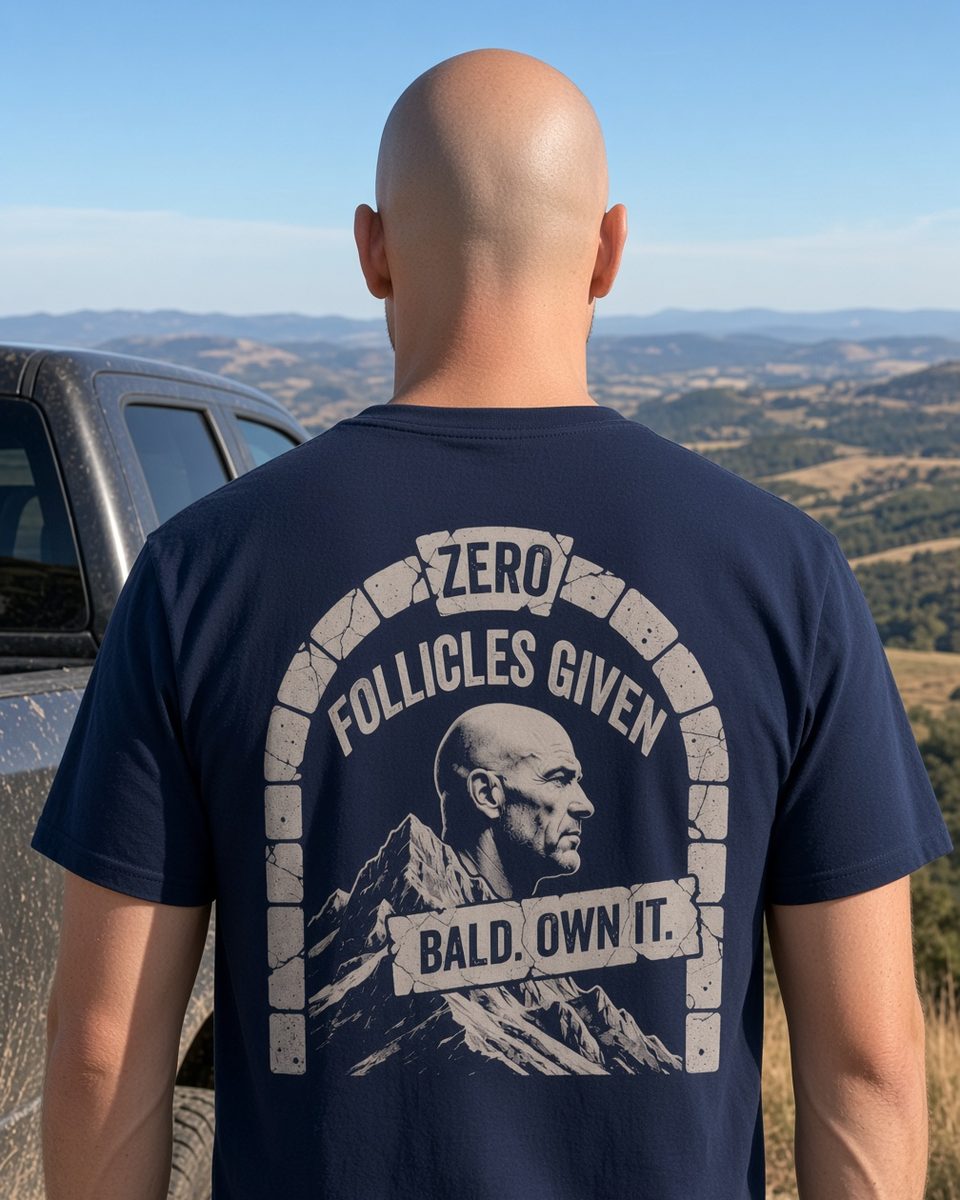 Zero Follicles Given Profile Emblem Tee — Navy back lifestyle photo