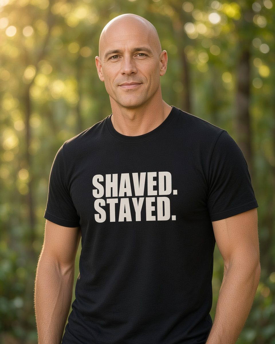 Shaved Stayed Bald T-Shirt — Black front lifestyle photo