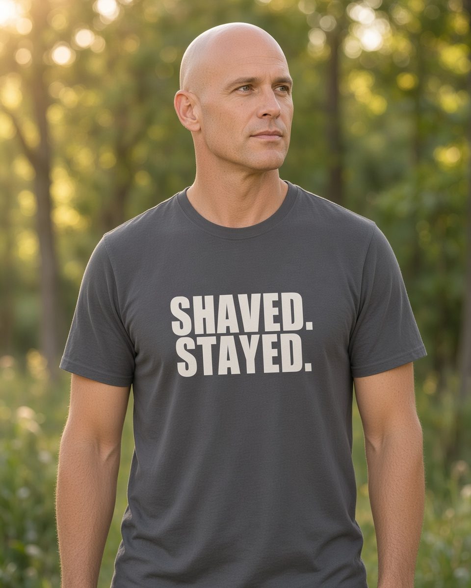 Shaved Stayed Bald T-Shirt — Charcoal front lifestyle photo
