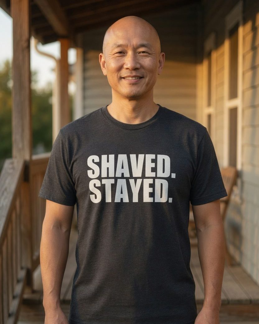 Shaved Stayed Bald T-Shirt — Dark Heather front lifestyle photo