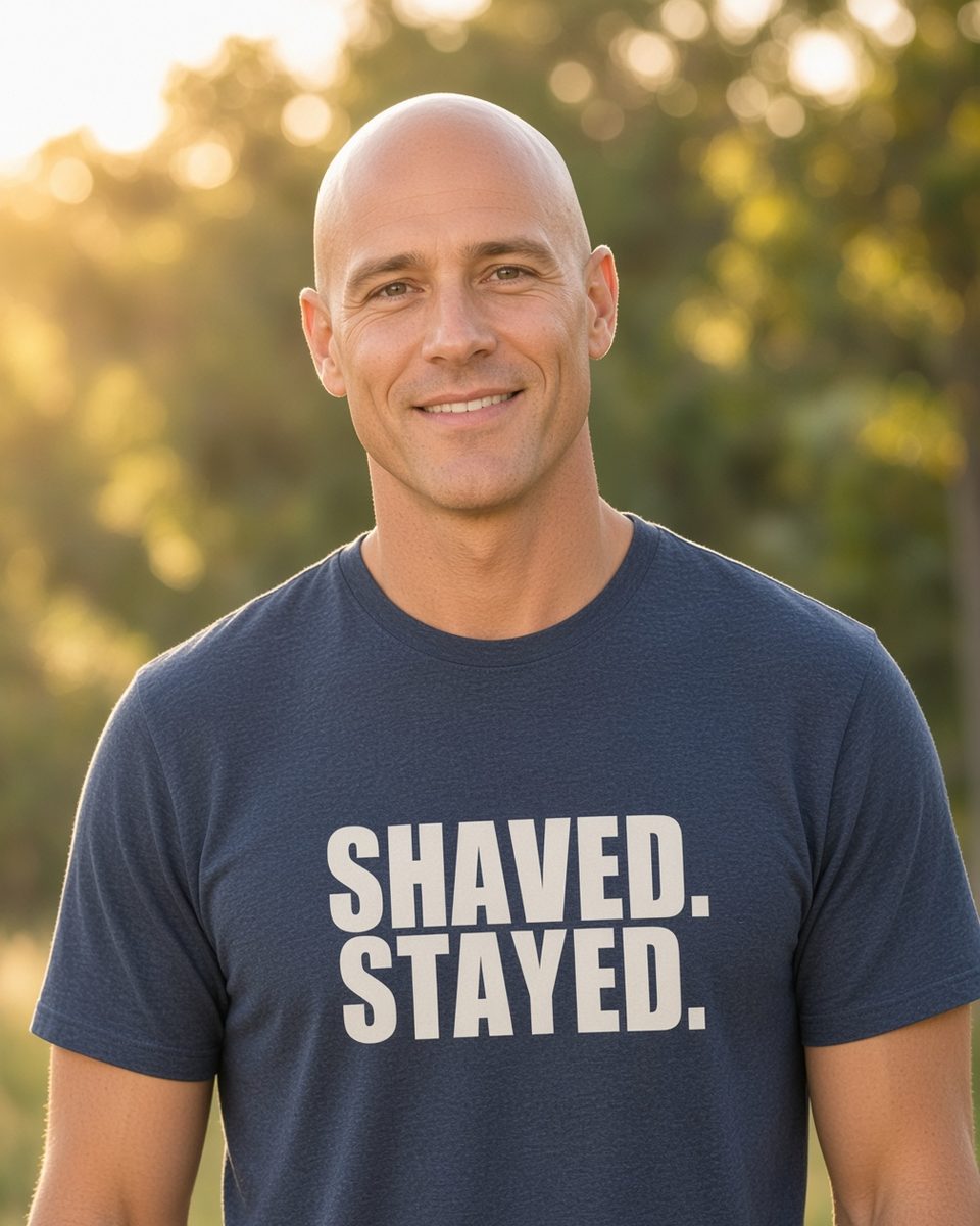 Shaved Stayed Bald T-Shirt — Heather Navy front lifestyle photo