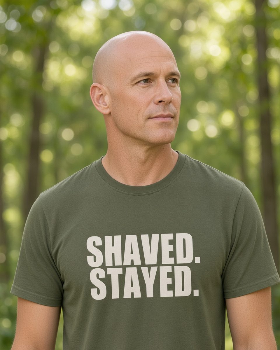 Shaved Stayed Bald T-Shirt — Military Green front lifestyle photo
