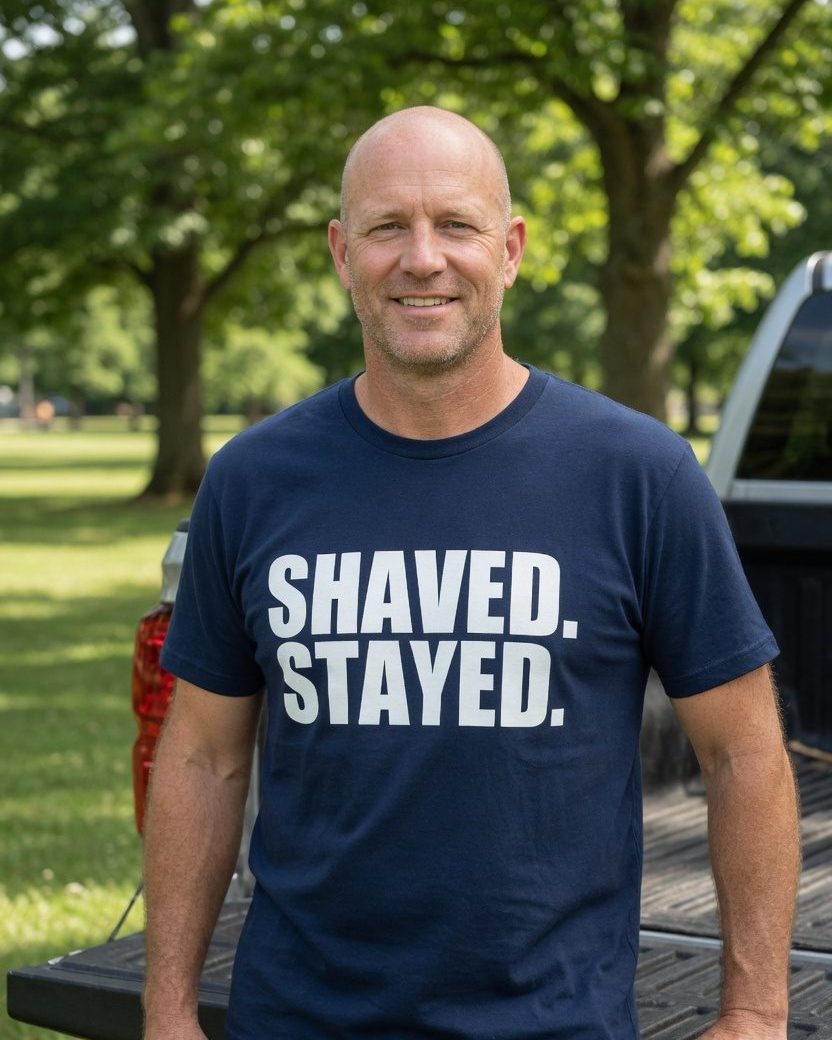Shaved Stayed Bald T-Shirt — Navy front lifestyle photo
