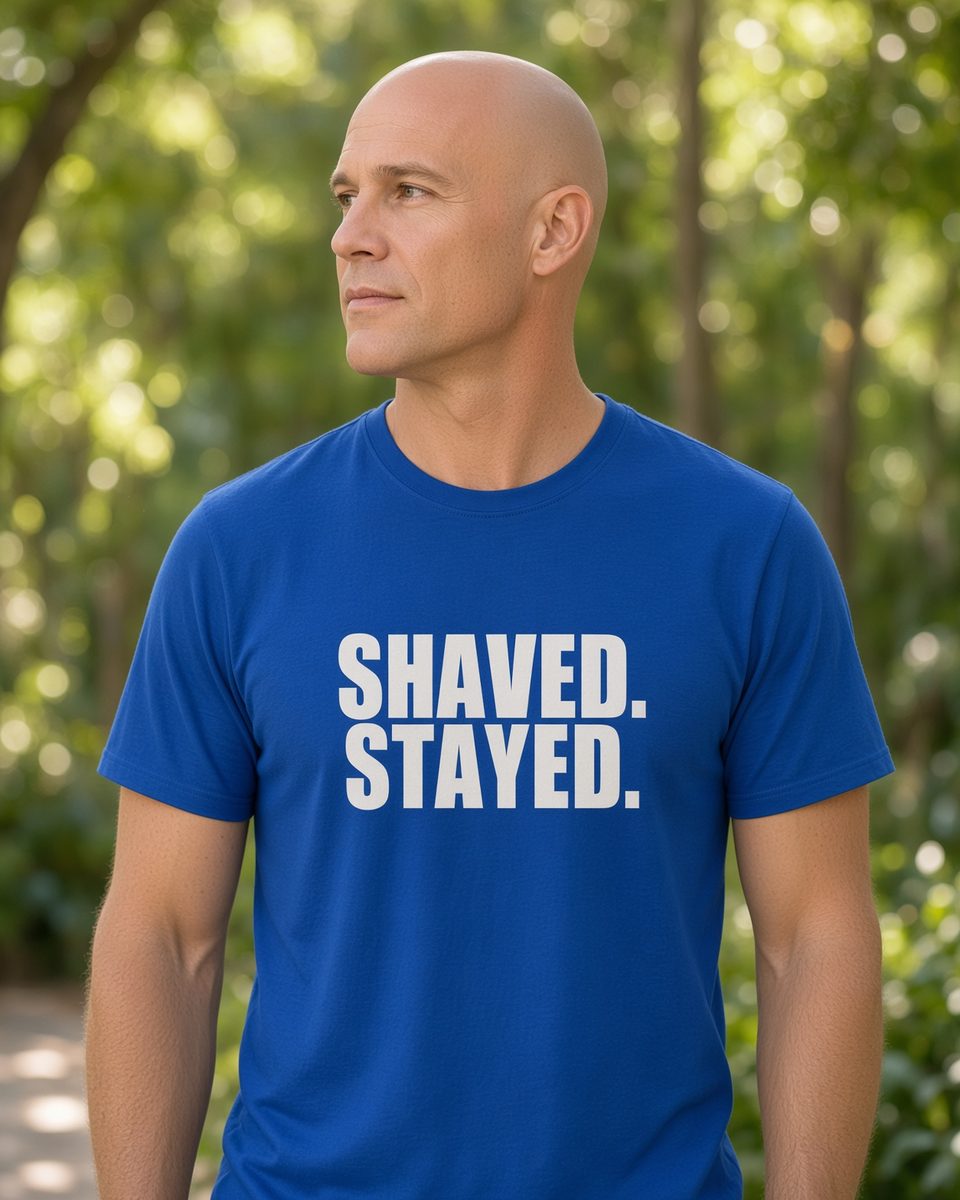 Shaved Stayed Bald T-Shirt — Royal front lifestyle photo