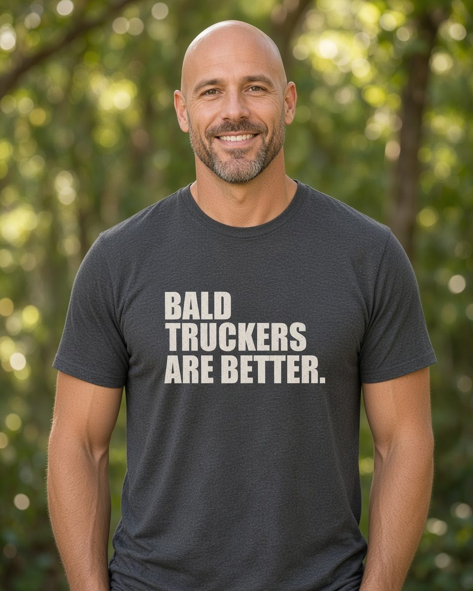 Bald Truckers Are Better T-Shirt — Dark Heather front lifestyle photo