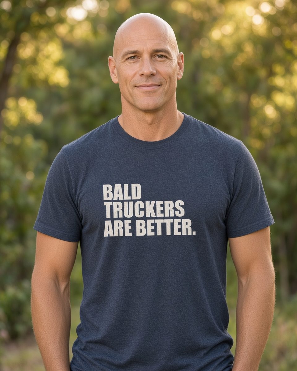 Bald Truckers Are Better T-Shirt — Heather Navy front lifestyle photo