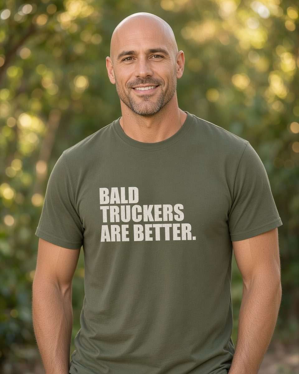 Bald Truckers Are Better T-Shirt — Military Green front lifestyle photo