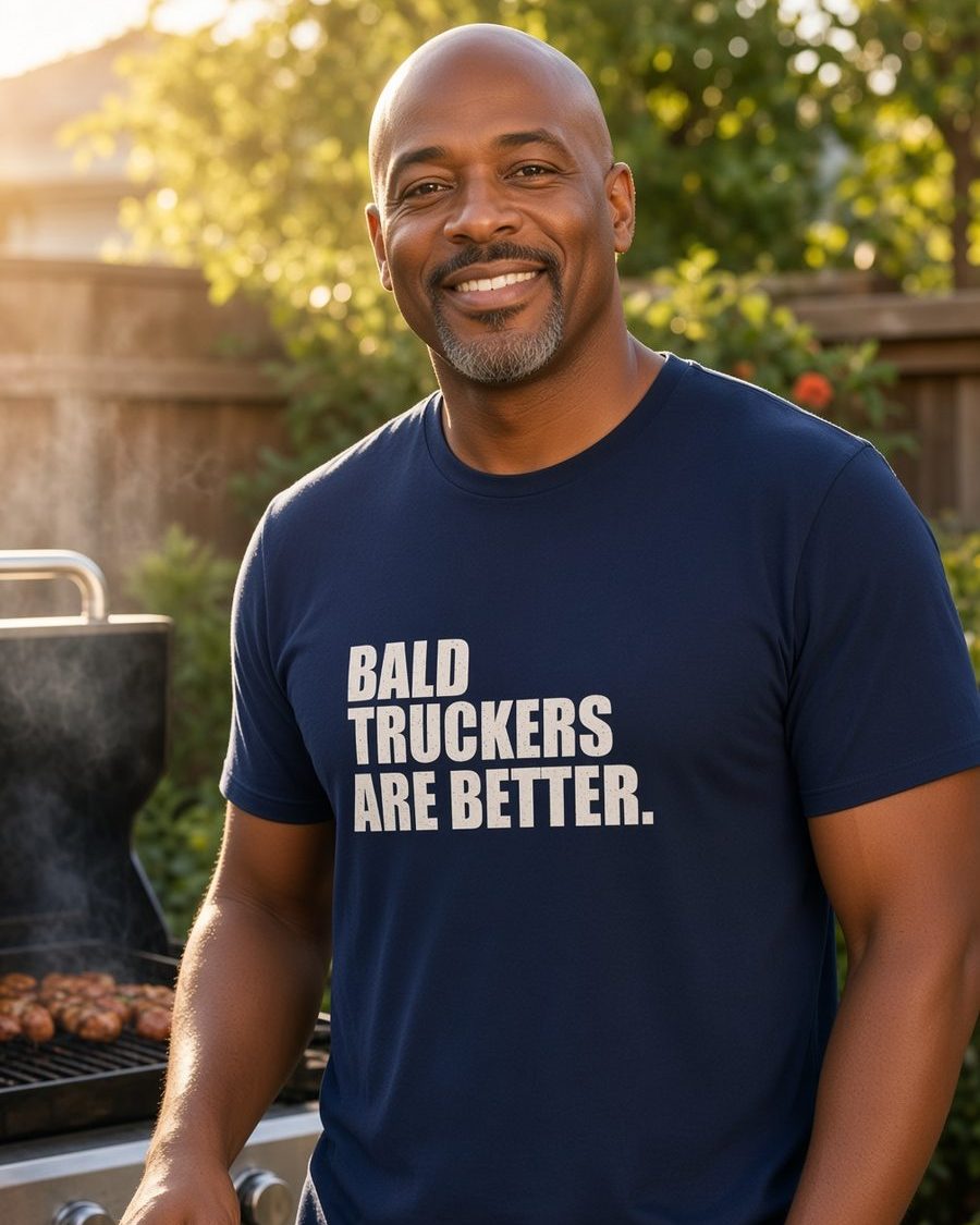 Bald Truckers Are Better T-Shirt — Navy front lifestyle photo